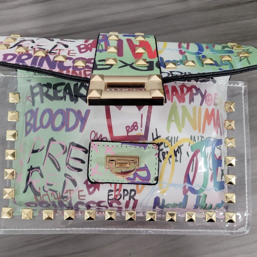 🎁 Graffiti Print Clear 2pc Crossbody Clutch w/ Studs & Removable Zippered Pouch - Picture 12 of 13